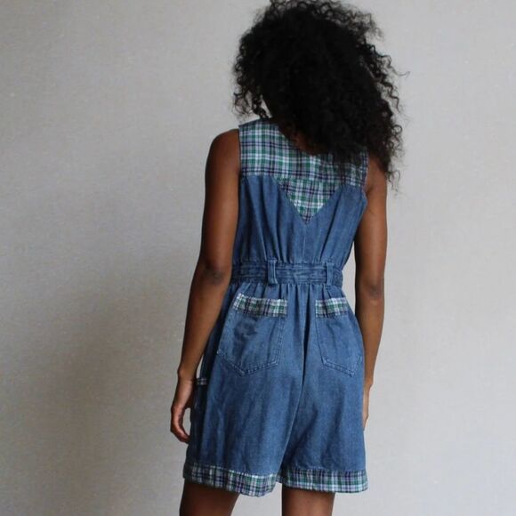 Lauren Brooke Vintage 1980's Denim & Plaid Overalls Romper Women's Size MED - Picture 2 of 16